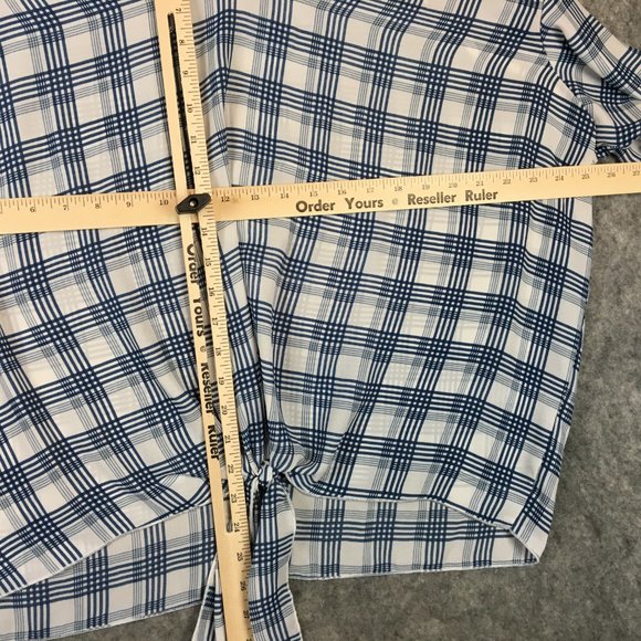 Ashley Stewart Top 22 24 3X Blouse Tie Front Plaid Blue Boho V Neck Ruffle Cuff - Picture 7 of 10